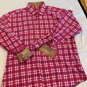 Bertigo Men's Long Sleeve Shirt Pink Plaid Flip Cuff, Cotton XL